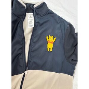 Disney Winnie the Pooh Fleece Jacket Zip Up Colorblock Navy Tan Cozy L